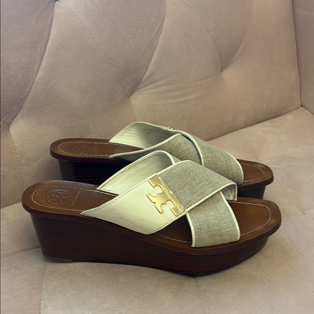 Tory Burch Cream and Brown Wedge Sandals
